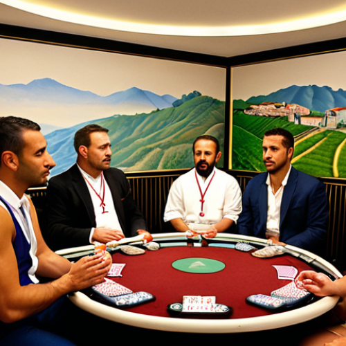 Home 4 **Prompt:** A diverse group of casino dealers sitting in a circle, practicing mindful breathing exercises in a quiet break room. Soft, diffused lighting. Focus on expressions of relaxation and camaraderie. Some wear rosaries or religious pendants. In the background, a subtle mural depicting calming nature scenes from Portugal, like the Douro Valley.