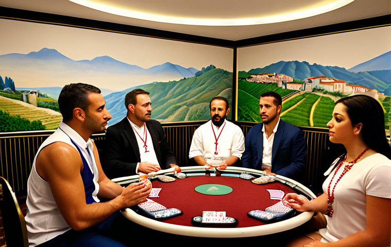 **Prompt:** A diverse group of casino dealers sitting in a circle, practicing mindful breathing exercises in a quiet break room. Soft, diffused lighting. Focus on expressions of relaxation and camaraderie. Some wear rosaries or religious pendants. In the background, a subtle mural depicting calming nature scenes from Portugal, like the Douro Valley.