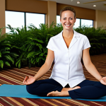 Casino Dealer Well-being**

A friendly, professional casino dealer, fully clothed in a modest casino uniform, smiling warmly while practicing a simple yoga pose during a break in a quiet, designated rest area of a modern casino; soft, diffused lighting; greenery subtly visible in the background; safe for work; appropriate content; perfect anatomy; correct proportions; natural pose; well-formed hands; proper finger count; natural body proportions; professional; family-friendly; emphasis on relaxation and mental well-being.

**